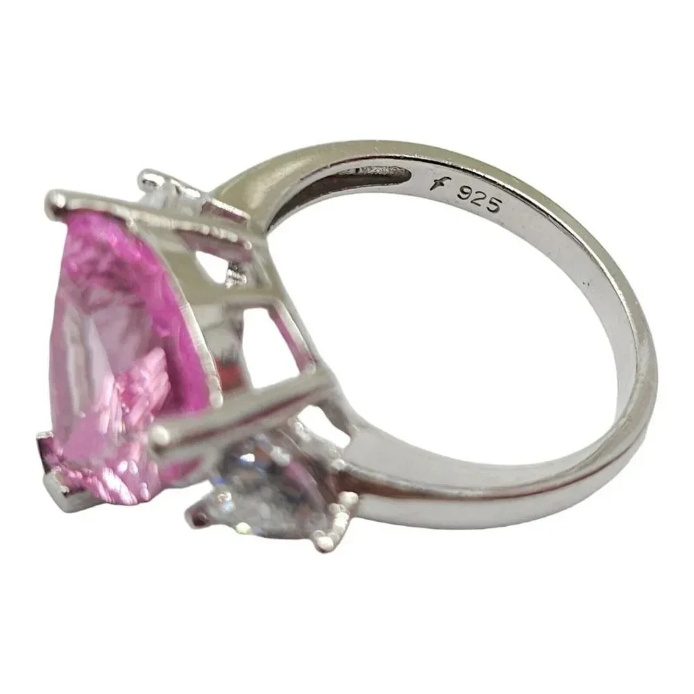 Sterling Silver .925 Lab Pink Sapphire CZ Triangle Cocktail Ring Size 6